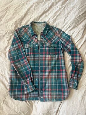 Toad&Co Teal, Coral and Gray Plaid Conifer Shirt Jacket
